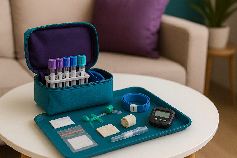 Medical kit with test tubes, syringes, and a glucometer on a table.