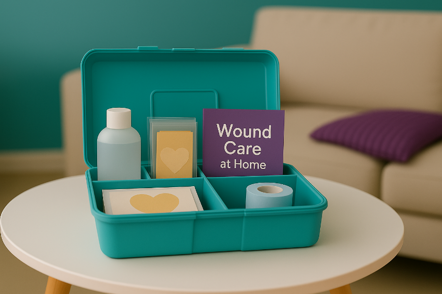 Wound care kit with supplies on a table against a blurred living room background