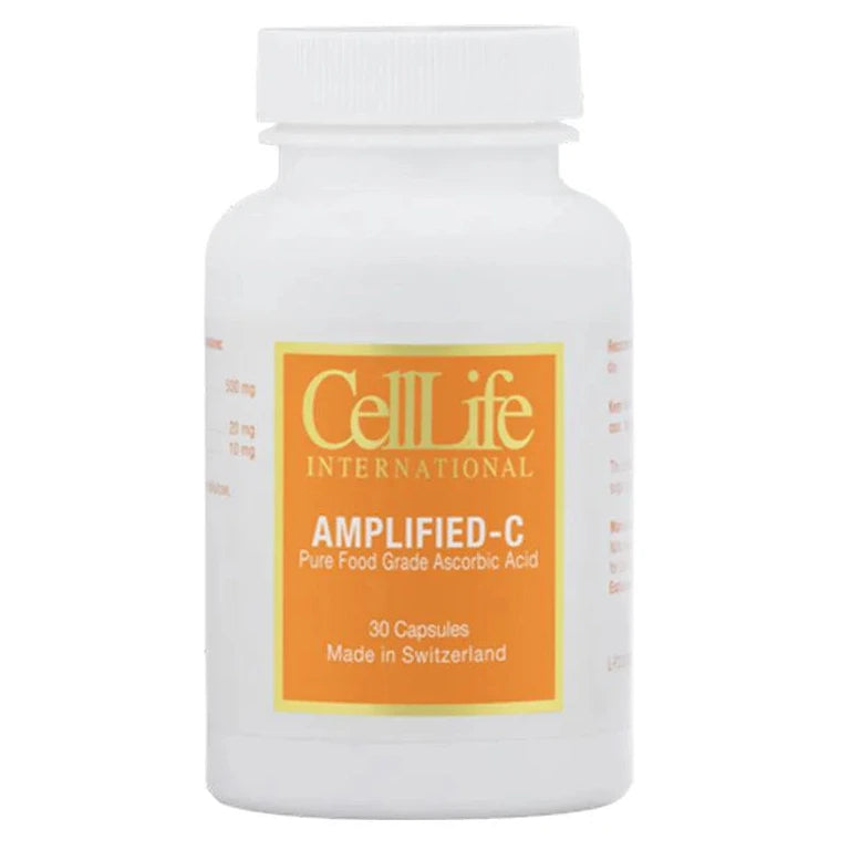 White supplement bottle labeled 'CellLife International Amplified-C' 