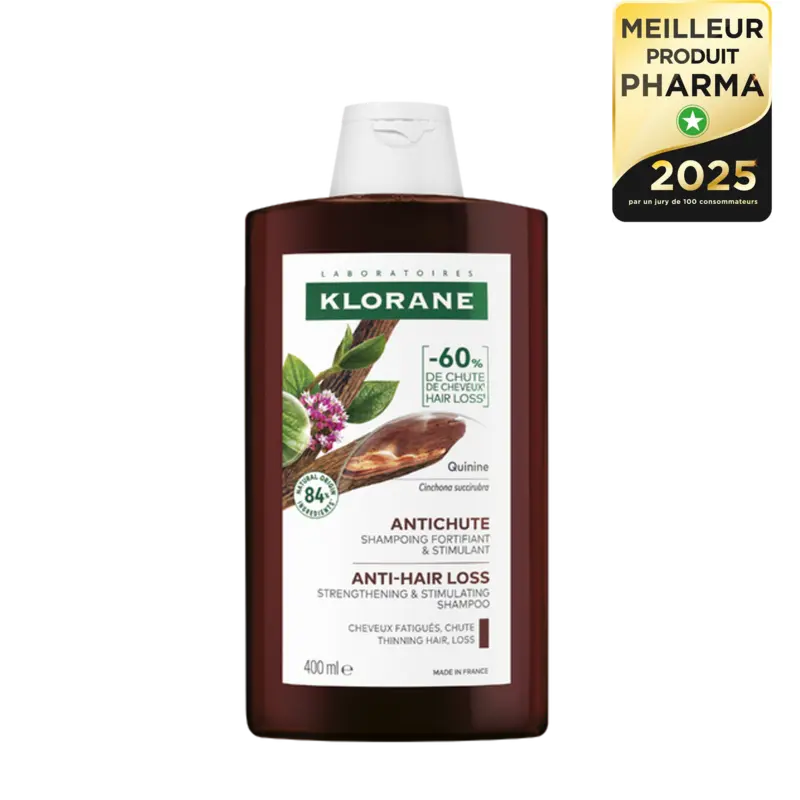 Klorane anti-hair loss shampoo bottle with label and certification badge