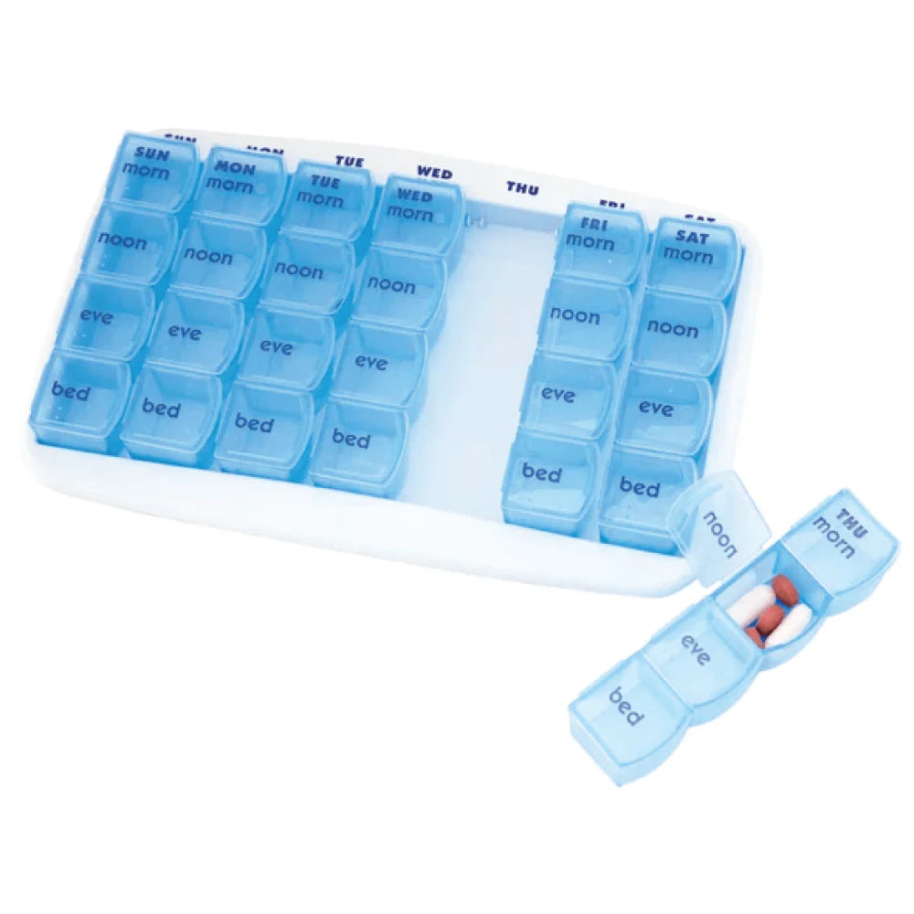 Blue weekly pill organizer with compartments for different times of the day