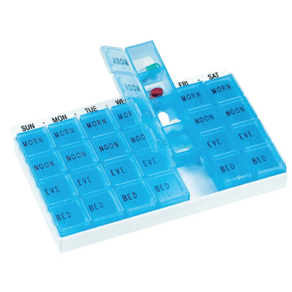 Blue pill organizer with compartments for different times of the day