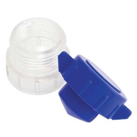 Clear plastic component with blue cap