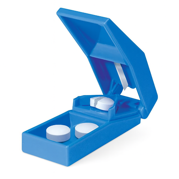 Blue pill organizer with three white pills