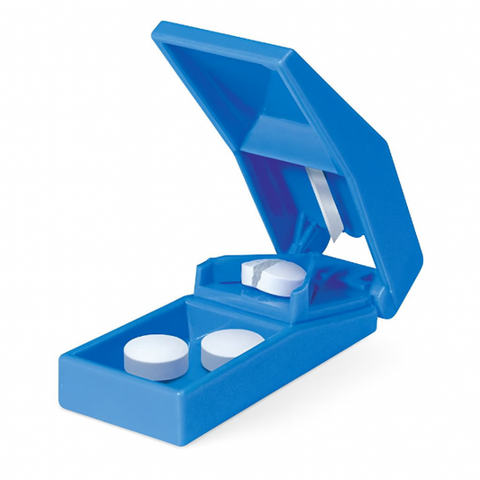 Blue pill organizer with three white pills