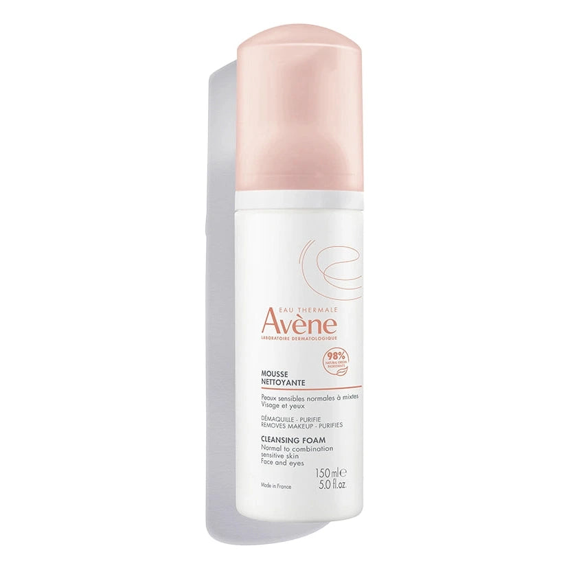 Avene cleansing foam bottle with pink cap