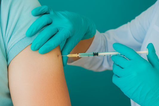 Person receiving a vaccine injection with gloved hands holding a syringe.