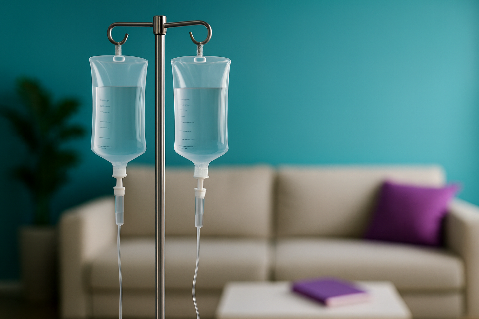 IV stand with two hanging IV bags in a living room setting.