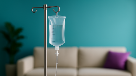 IV bag hanging on a stand against a teal wall with a beige couch and purple pillow.