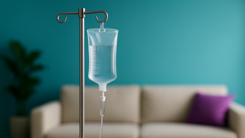 IV bag hanging on a stand against a teal wall with a beige couch and purple pillow.