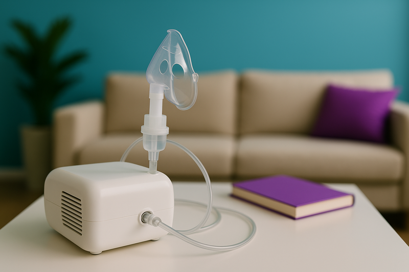 White handheld device with clear hose on a table against a blurred indoor background