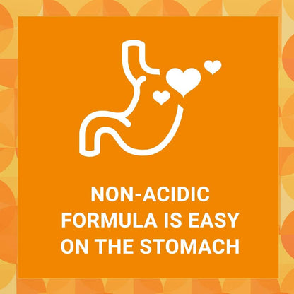 Orange background with white stomach icon and text about a non-acidic formula being easy on the stomach.