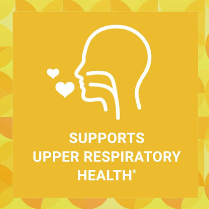 Yellow background with white outline of a person's head and heart symbols, and text 'Supports Upper Respiratory Health'.