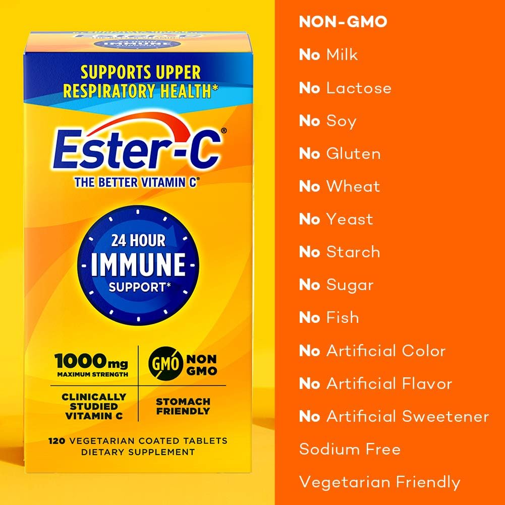 Ester-C vitamin supplement box with immune support claims on a yellow and orange background