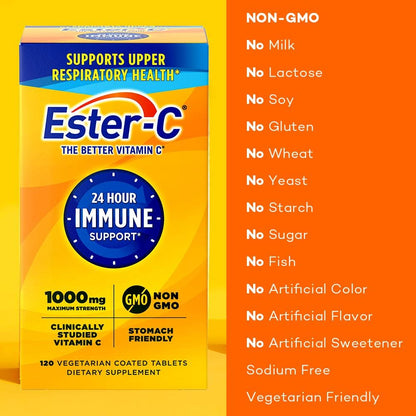 Ester-C vitamin supplement box with immune support claims on a yellow and orange background